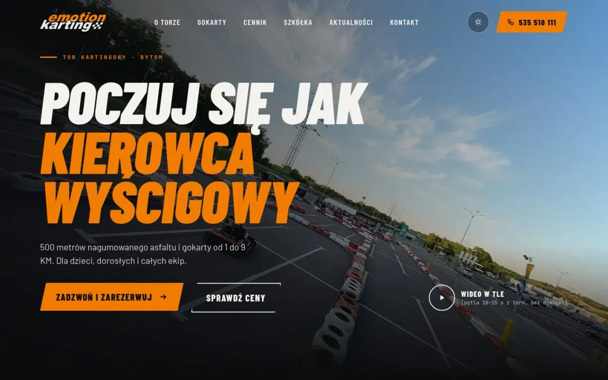 Emotion Karting – first screen of the new website, dark version