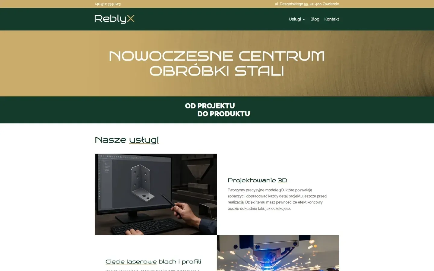 Stara strona ReblyX na Divi – pierwszy ekran