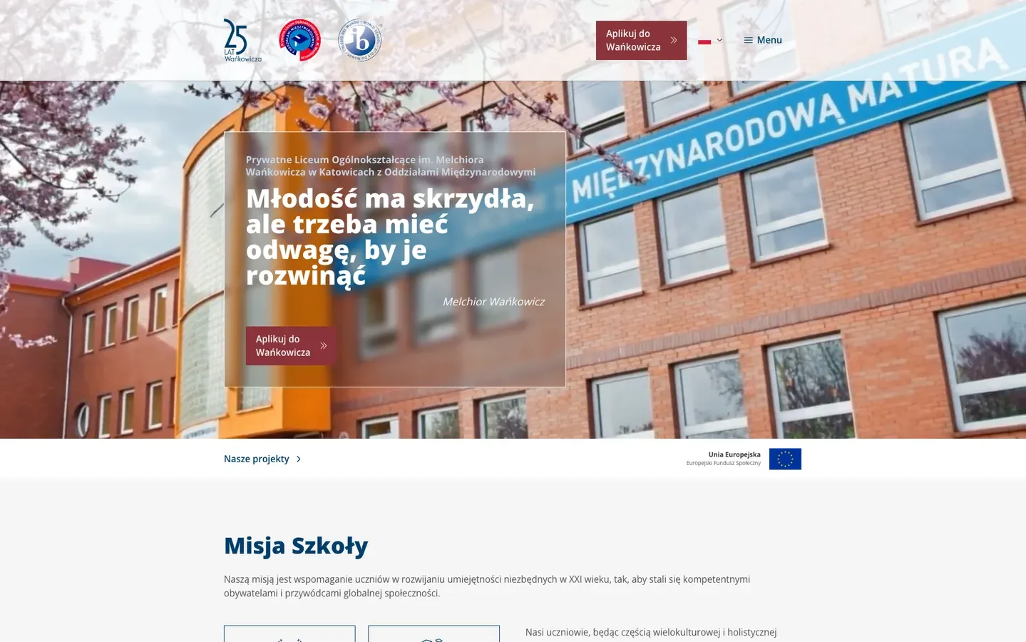 Nowa wersja strony liceum – pierwszy ekran