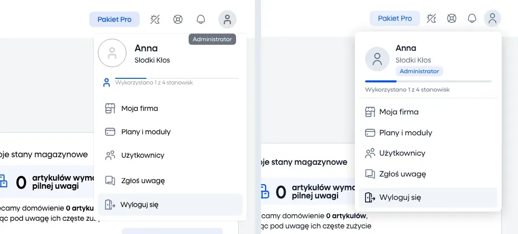 The account menu – before the change on the left, after on the right: icons in one colour