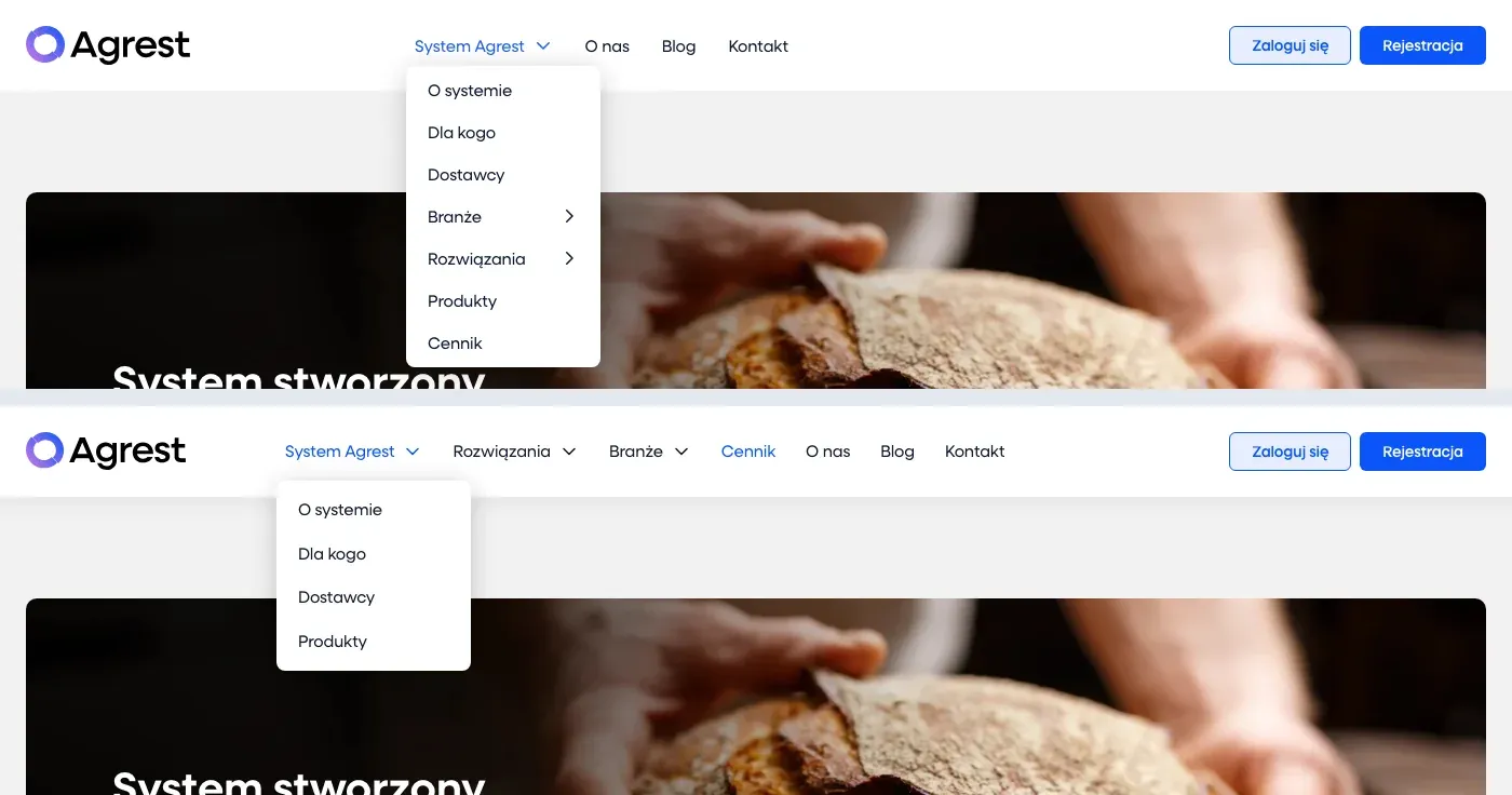 The open "System Agrest" group – before the change on top (a submenu inside a submenu), after at the bottom