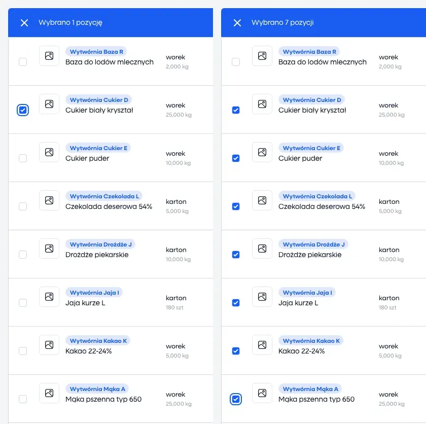 Left: after the first click – 1 row selected; right: after Shift-click on row 8 – 7 rows selected